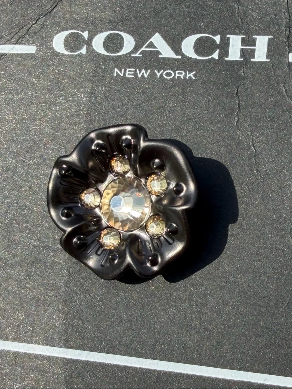 NWT Coach Tea Rose Black Crystal Flower Pin Brooch 31193G
